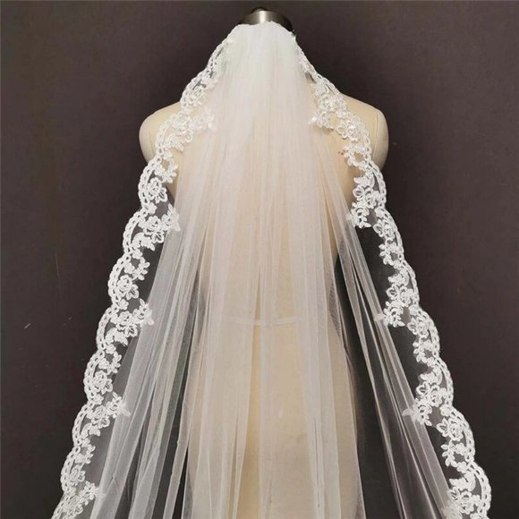 Single Tier Cathedral Wedding Veil with Embroidered Floral Lace Appliques 11.5' - Picture 2 of 6